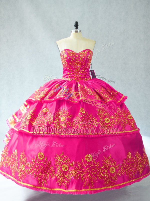 Hot Pink Sweetheart Neckline Embroidery and Ruffled Layers Quinceanera Gowns Sleeveless Lace Up