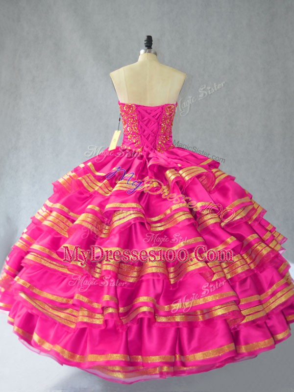 Hot Pink Sweetheart Neckline Embroidery and Ruffled Layers Quinceanera Gowns Sleeveless Lace Up