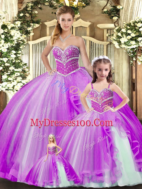 Lavender Lace Up Sweetheart Beading Vestidos de Quinceanera Tulle Sleeveless