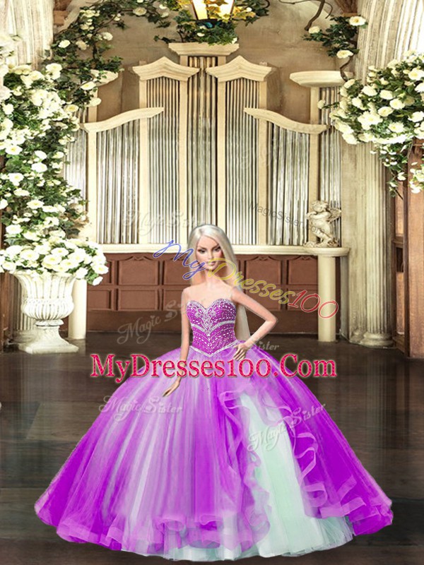 Lavender Lace Up Sweetheart Beading Vestidos de Quinceanera Tulle Sleeveless