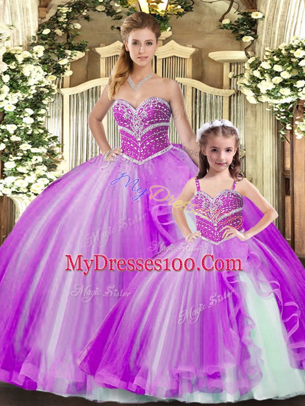 Lavender Lace Up Sweetheart Beading Vestidos de Quinceanera Tulle Sleeveless