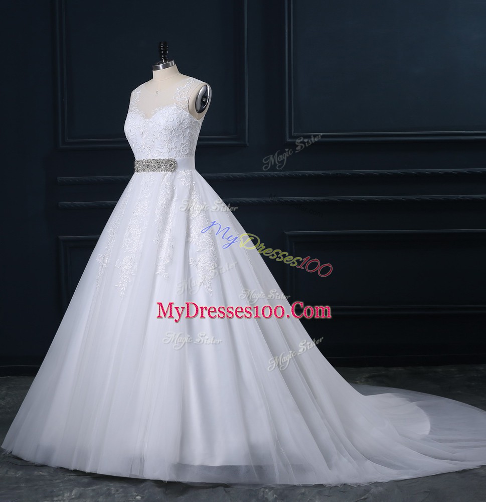 Traditional White Tulle Zipper Wedding Gowns Sleeveless Court Train Beading and Lace