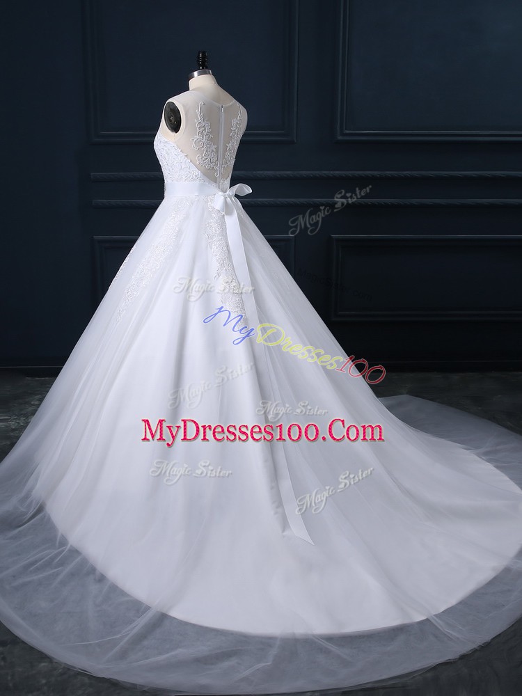 Traditional White Tulle Zipper Wedding Gowns Sleeveless Court Train Beading and Lace