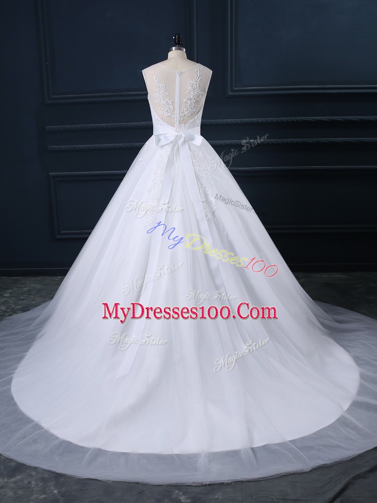 Traditional White Tulle Zipper Wedding Gowns Sleeveless Court Train Beading and Lace