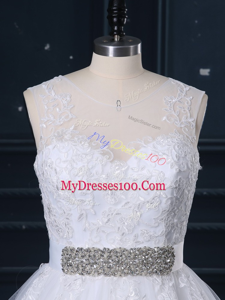 Traditional White Tulle Zipper Wedding Gowns Sleeveless Court Train Beading and Lace