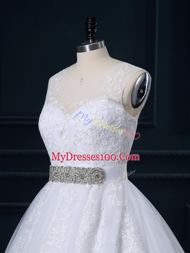 Traditional White Tulle Zipper Wedding Gowns Sleeveless Court Train Beading and Lace