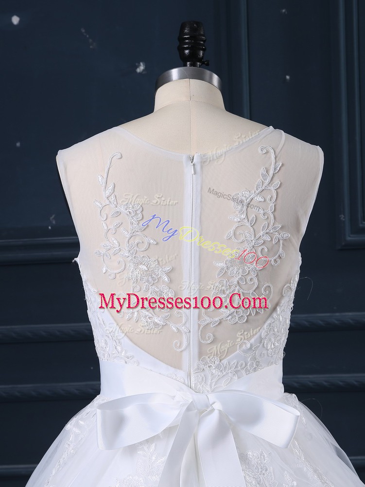 Traditional White Tulle Zipper Wedding Gowns Sleeveless Court Train Beading and Lace