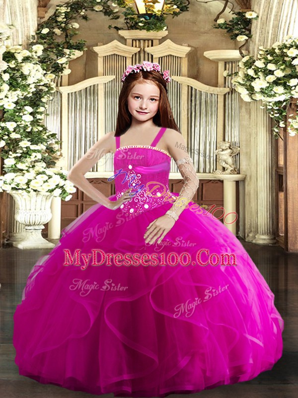 On Sale Fuchsia Lace Up Straps Beading and Ruffles Pageant Dress Toddler Tulle Sleeveless