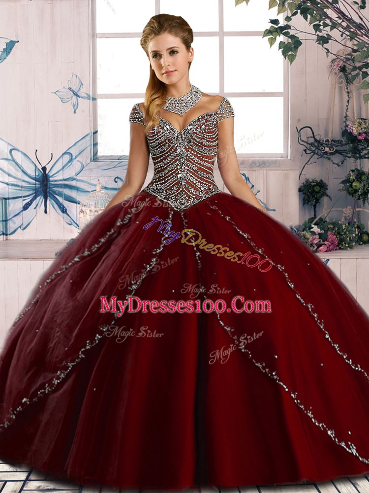Pretty Wine Red Quinceanera Gowns Sweetheart Cap Sleeves Brush Train Lace Up