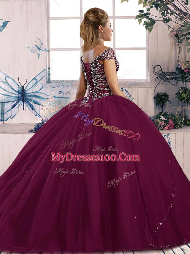 Pretty Wine Red Quinceanera Gowns Sweetheart Cap Sleeves Brush Train Lace Up
