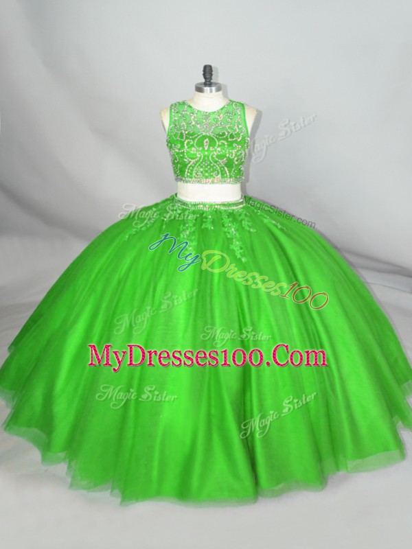 Free and Easy Green Sleeveless Tulle Lace Up Ball Gown Prom Dress for Sweet 16 and Quinceanera