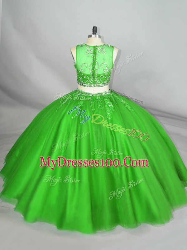 Free and Easy Green Sleeveless Tulle Lace Up Ball Gown Prom Dress for Sweet 16 and Quinceanera