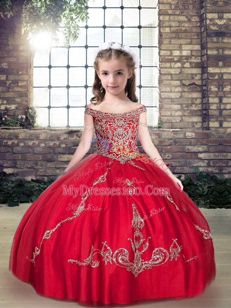 Sleeveless Lace Up Floor Length Beading Child Pageant Dress