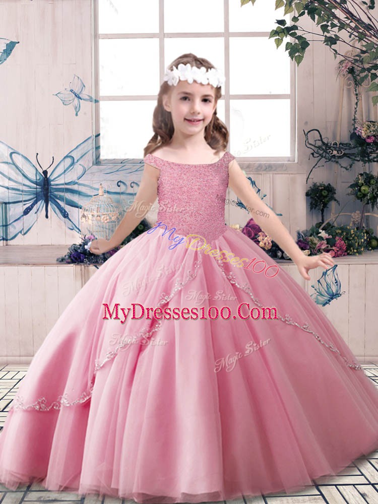 Attractive Sleeveless Floor Length Beading Lace Up Little Girls Pageant Dress with Rose Pink