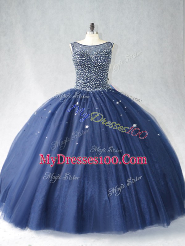 Charming Navy Blue Tulle Zipper Scoop Sleeveless Sweet 16 Dresses Beading