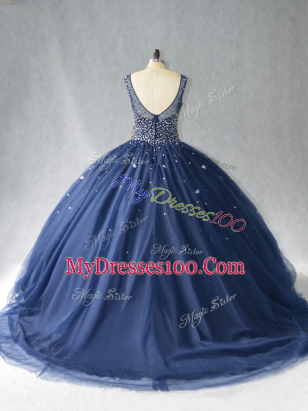 Charming Navy Blue Tulle Zipper Scoop Sleeveless Sweet 16 Dresses Beading