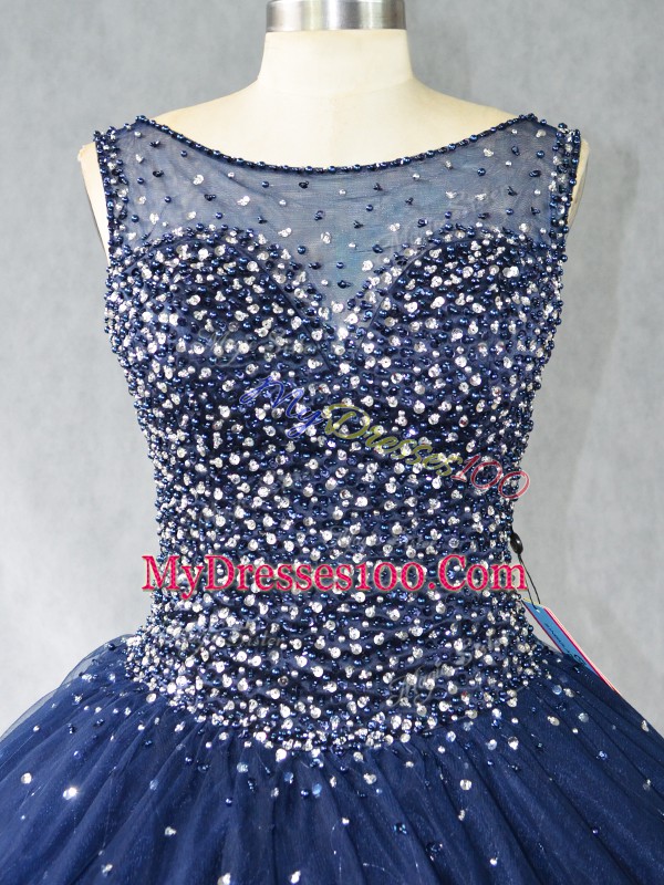 Charming Navy Blue Tulle Zipper Scoop Sleeveless Sweet 16 Dresses Beading