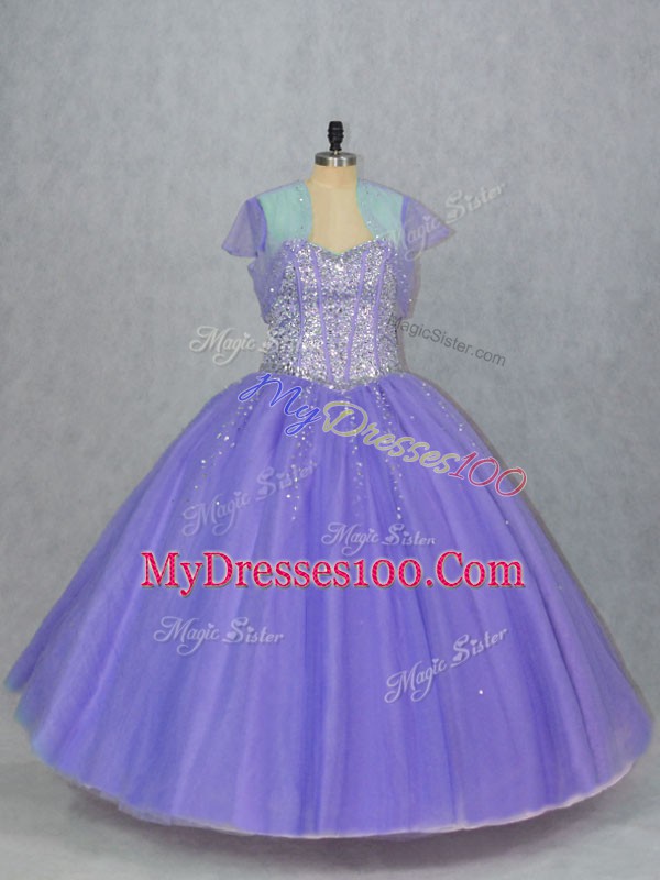 Comfortable Floor Length Lavender 15th Birthday Dress Tulle Sleeveless Beading