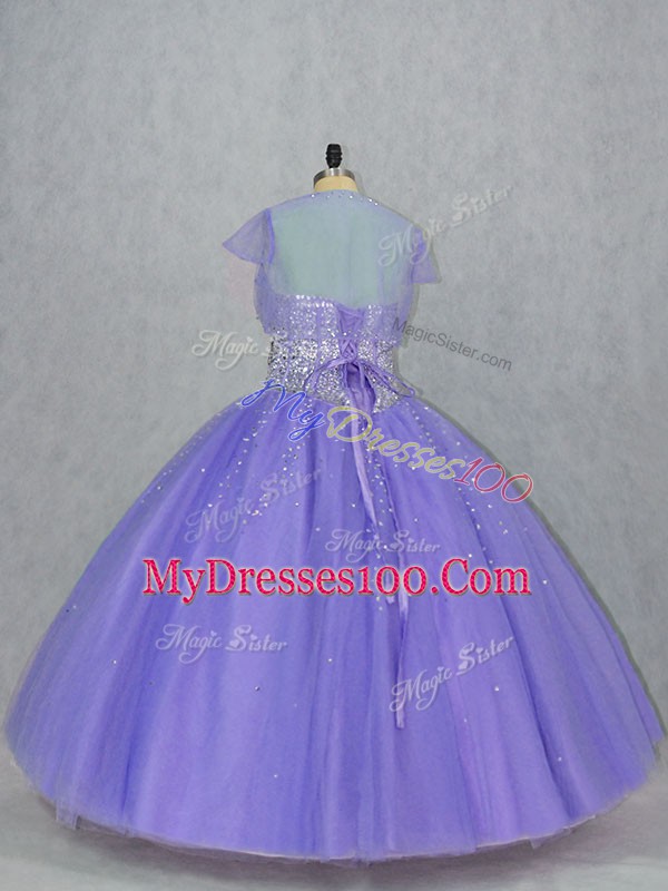 Comfortable Floor Length Lavender 15th Birthday Dress Tulle Sleeveless Beading