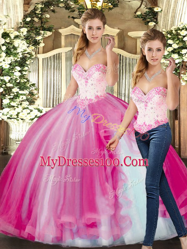 Ball Gowns Ball Gown Prom Dress Fuchsia Sweetheart Tulle Sleeveless Floor Length Lace Up