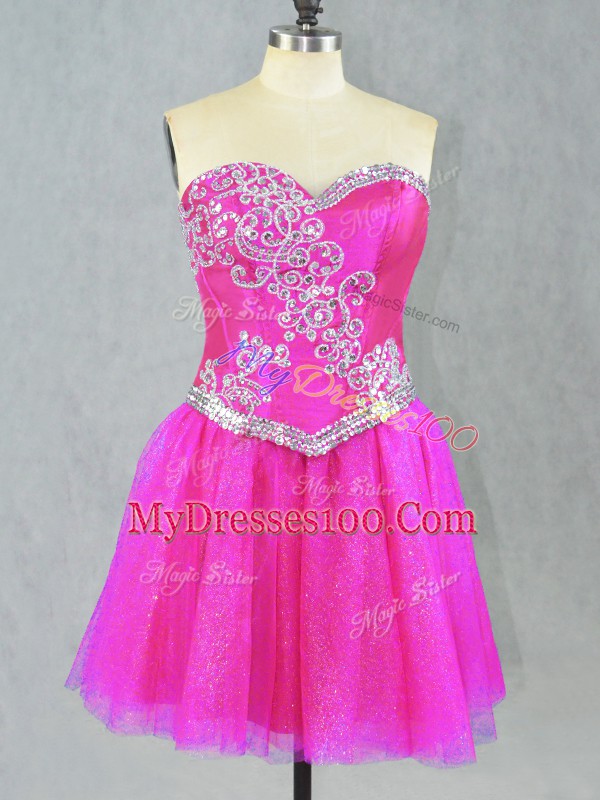 Super Fuchsia A-line Sweetheart Sleeveless Tulle Mini Length Lace Up Beading Prom Dresses