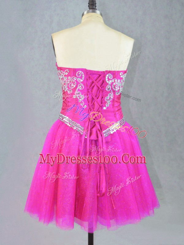 Super Fuchsia A-line Sweetheart Sleeveless Tulle Mini Length Lace Up Beading Prom Dresses