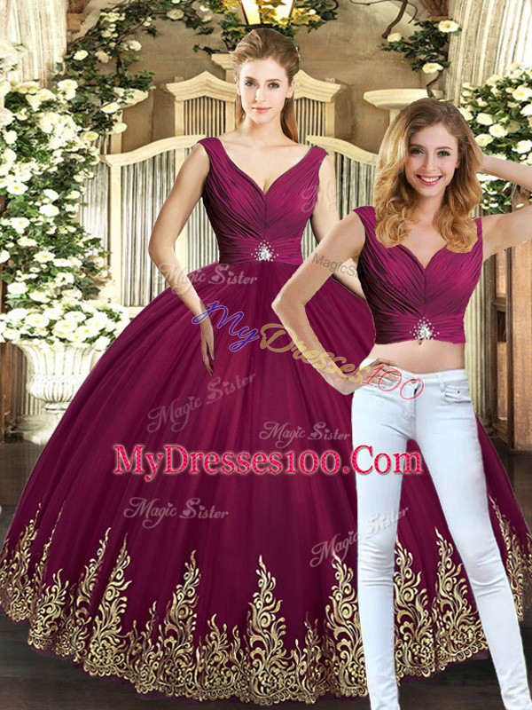 Sleeveless Floor Length Beading and Appliques Backless Quince Ball Gowns with Burgundy