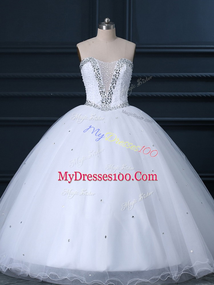 Graceful White Ball Gowns Tulle Sweetheart Sleeveless Beading Lace Up Wedding Gown Brush Train