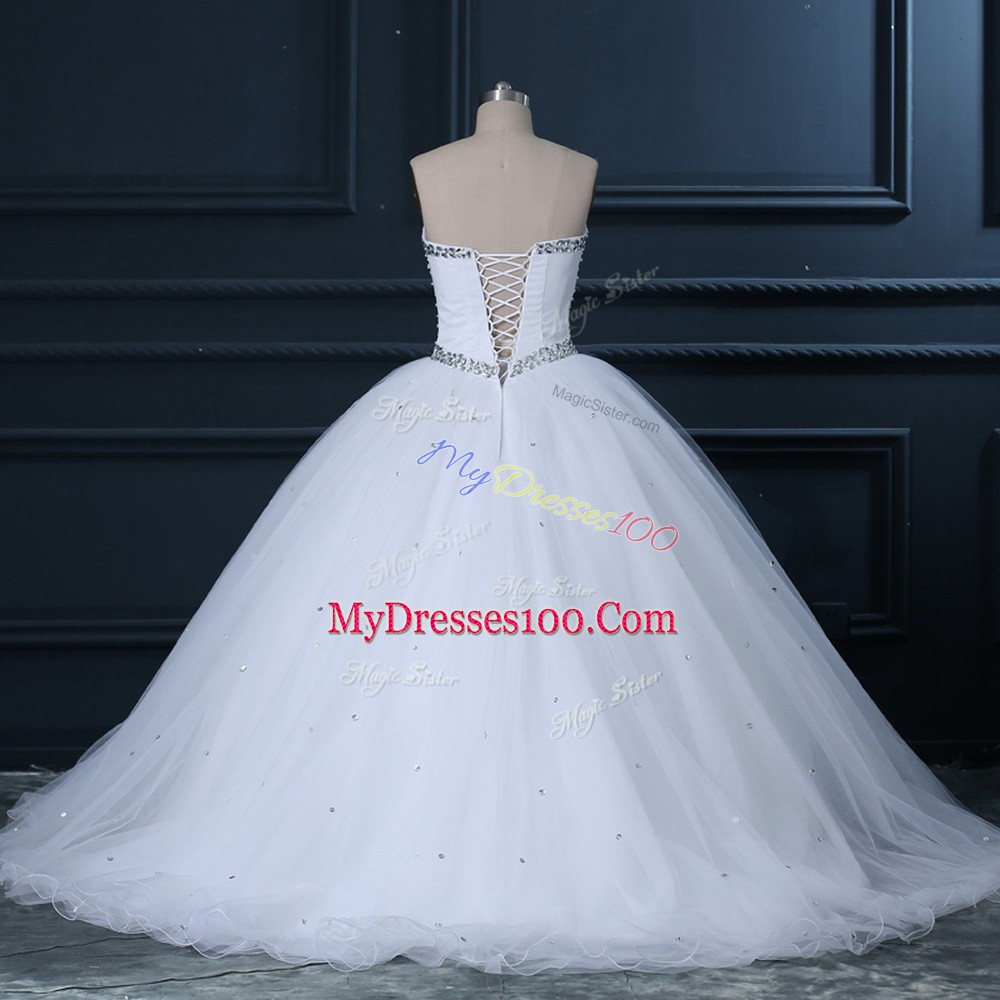 Graceful White Ball Gowns Tulle Sweetheart Sleeveless Beading Lace Up Wedding Gown Brush Train