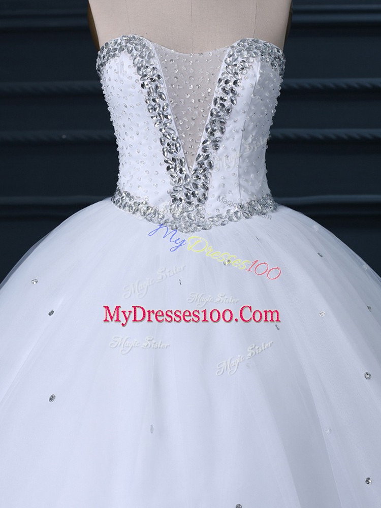 Graceful White Ball Gowns Tulle Sweetheart Sleeveless Beading Lace Up Wedding Gown Brush Train