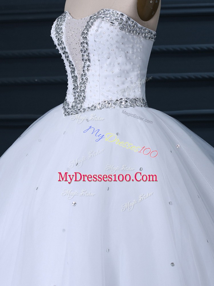Graceful White Ball Gowns Tulle Sweetheart Sleeveless Beading Lace Up Wedding Gown Brush Train