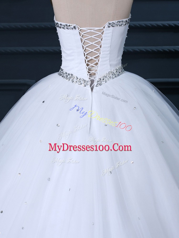 Graceful White Ball Gowns Tulle Sweetheart Sleeveless Beading Lace Up Wedding Gown Brush Train
