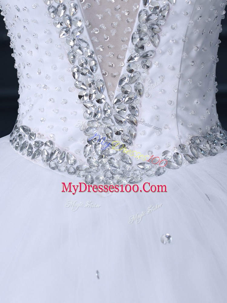 Graceful White Ball Gowns Tulle Sweetheart Sleeveless Beading Lace Up Wedding Gown Brush Train