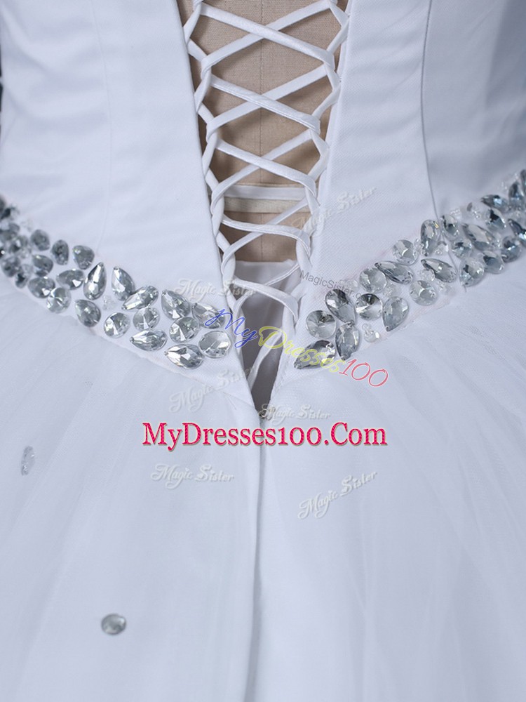 Graceful White Ball Gowns Tulle Sweetheart Sleeveless Beading Lace Up Wedding Gown Brush Train
