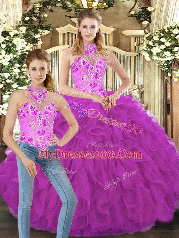 Custom Design Sleeveless Tulle Floor Length Lace Up Sweet 16 Quinceanera Dress in Fuchsia with Embroidery and Ruffles