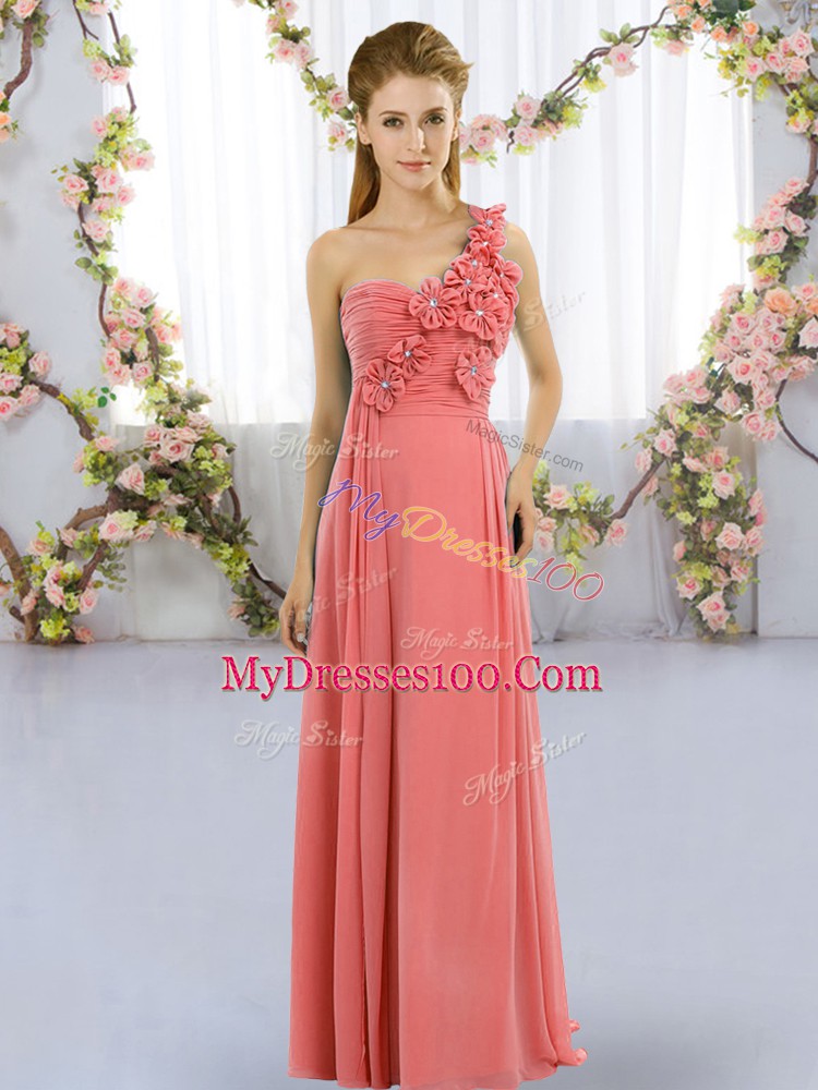 Sleeveless Chiffon Floor Length Lace Up Wedding Guest Dresses in Watermelon Red with Hand Made Flower