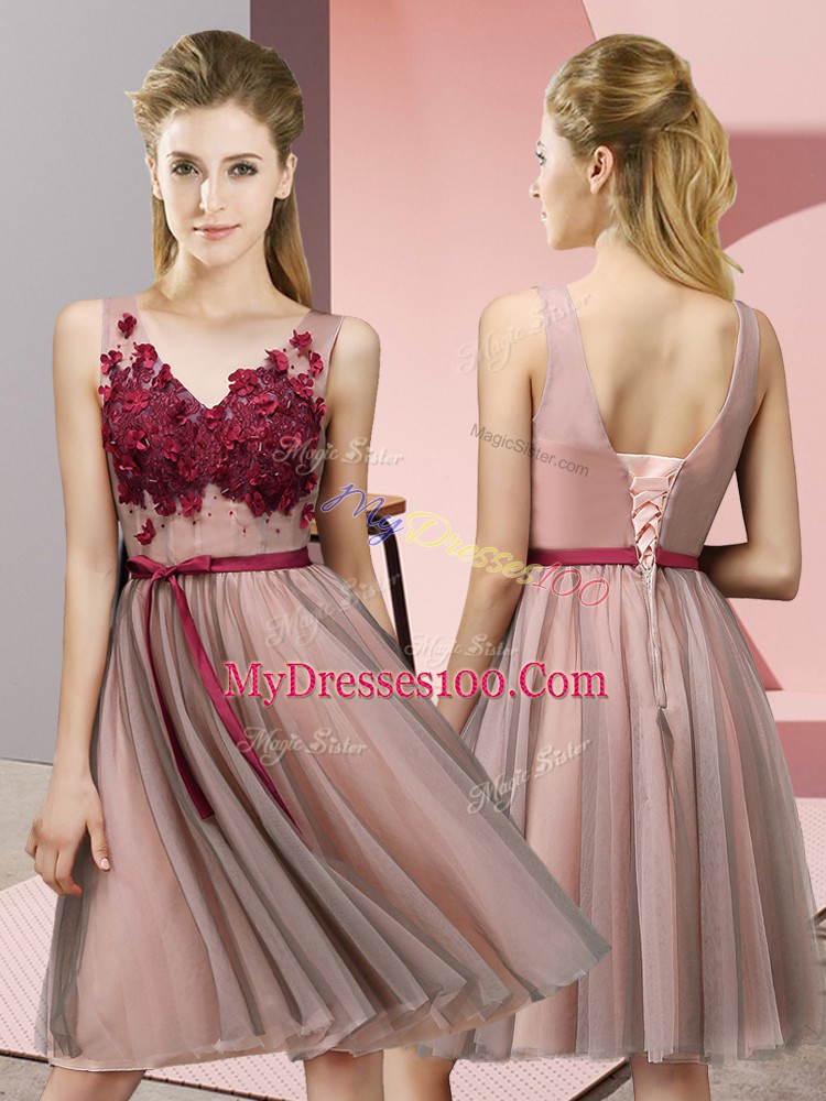 Decent Empire Court Dresses for Sweet 16 Baby Pink V-neck Tulle Sleeveless Knee Length Lace Up