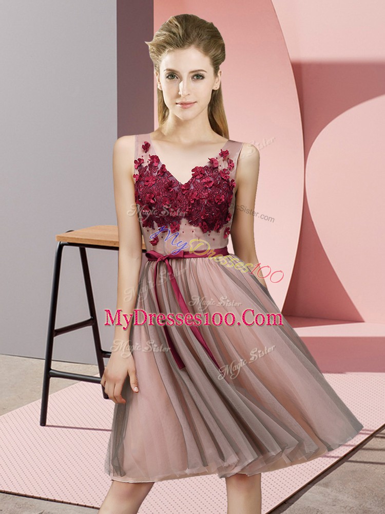 Decent Empire Court Dresses for Sweet 16 Baby Pink V-neck Tulle Sleeveless Knee Length Lace Up