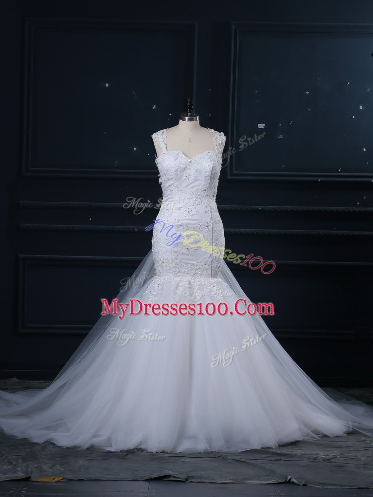 White Sleeveless Tulle Brush Train Side Zipper Wedding Dresses for Wedding Party