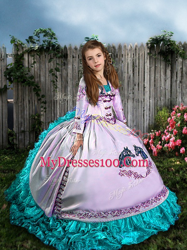 Inexpensive White Pageant Gowns For Girls Wedding Party with Embroidery and Ruffles Straps Sleeveless Sweep Train Lace Up