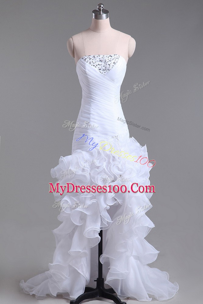 Strapless Sleeveless Wedding Gown High Low Beading and Ruffles White Organza
