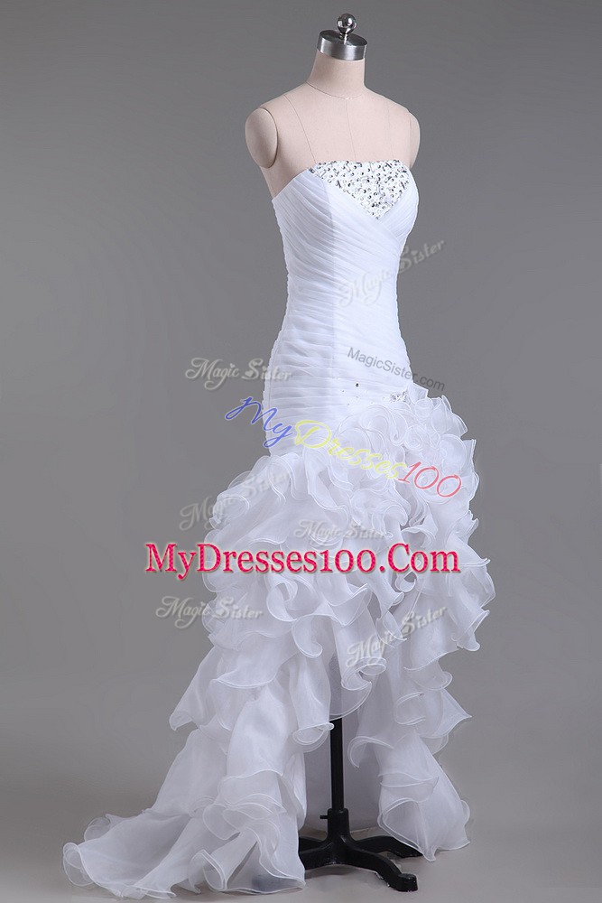 Strapless Sleeveless Wedding Gown High Low Beading and Ruffles White Organza