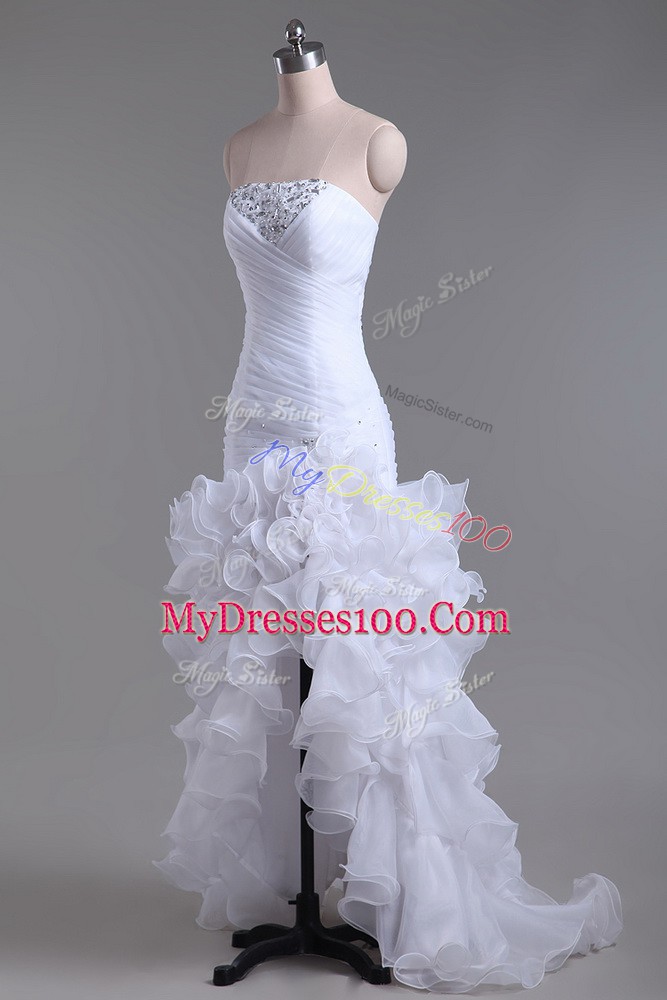 Strapless Sleeveless Wedding Gown High Low Beading and Ruffles White Organza