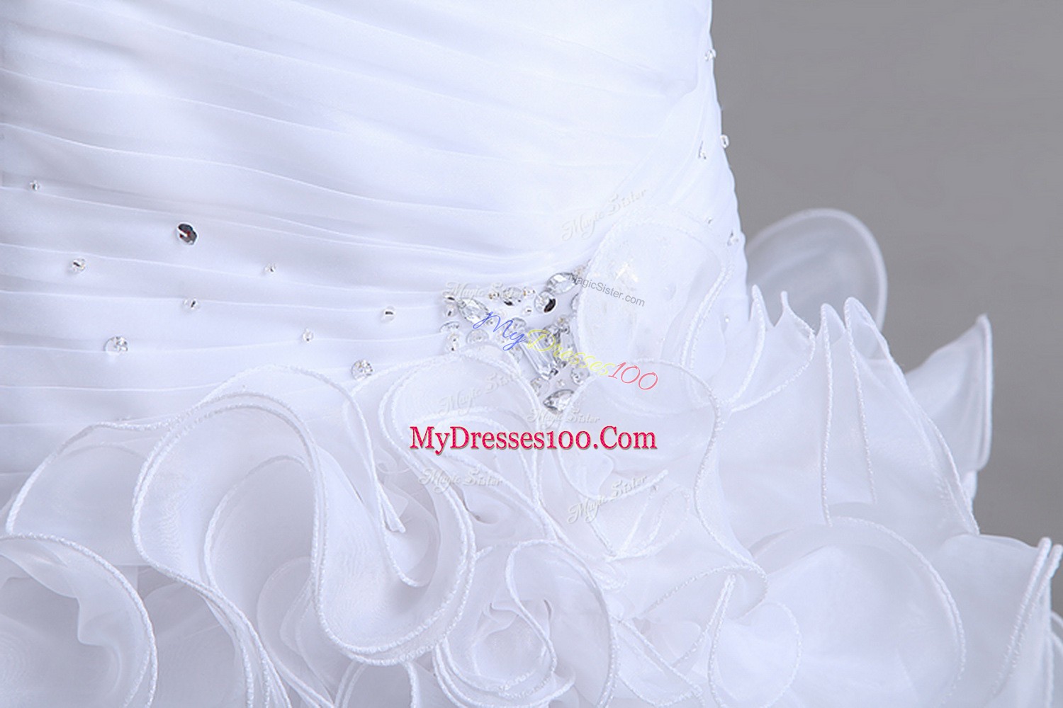 Strapless Sleeveless Wedding Gown High Low Beading and Ruffles White Organza
