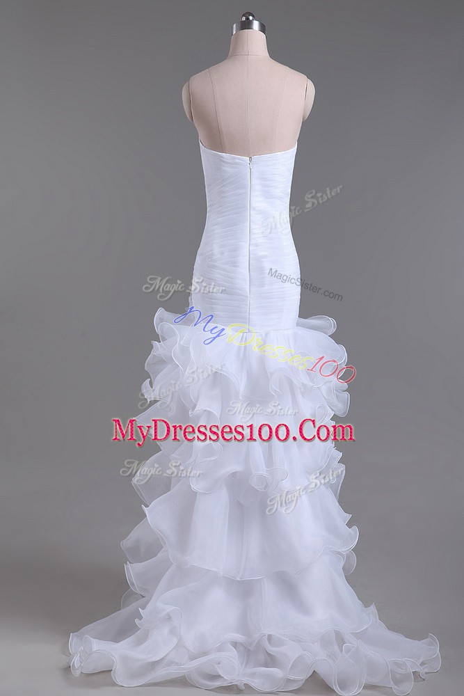 Strapless Sleeveless Wedding Gown High Low Beading and Ruffles White Organza