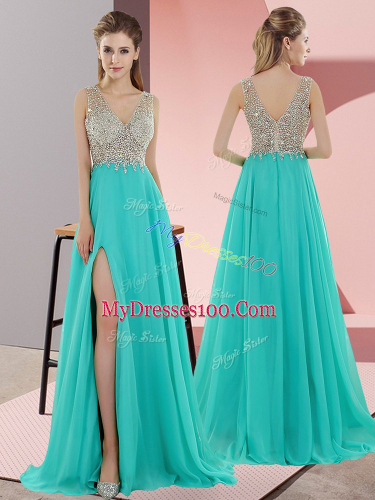 Empire Sleeveless Turquoise Sweep Train Zipper
