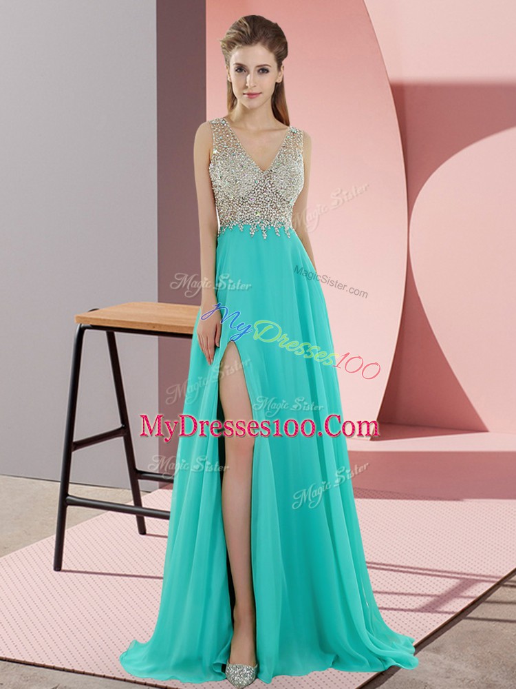 Empire Sleeveless Turquoise Sweep Train Zipper
