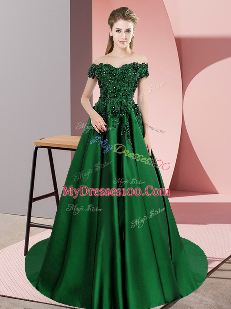 Designer A-line Sleeveless Dark Green Ball Gown Prom Dress Court Train Zipper