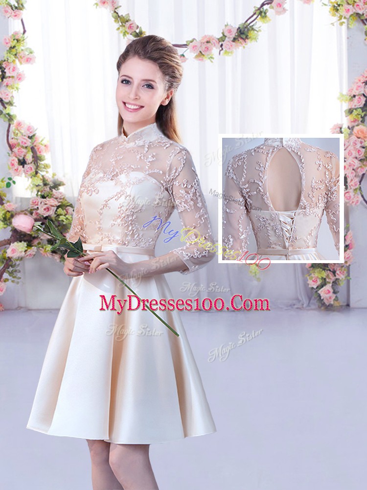 A-line Bridesmaids Dress Champagne High-neck Satin Half Sleeves Mini Length Lace Up