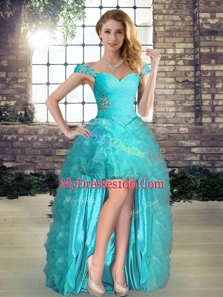 Aqua Blue Lace Up Prom Evening Gown Beading and Ruffles Sleeveless High Low